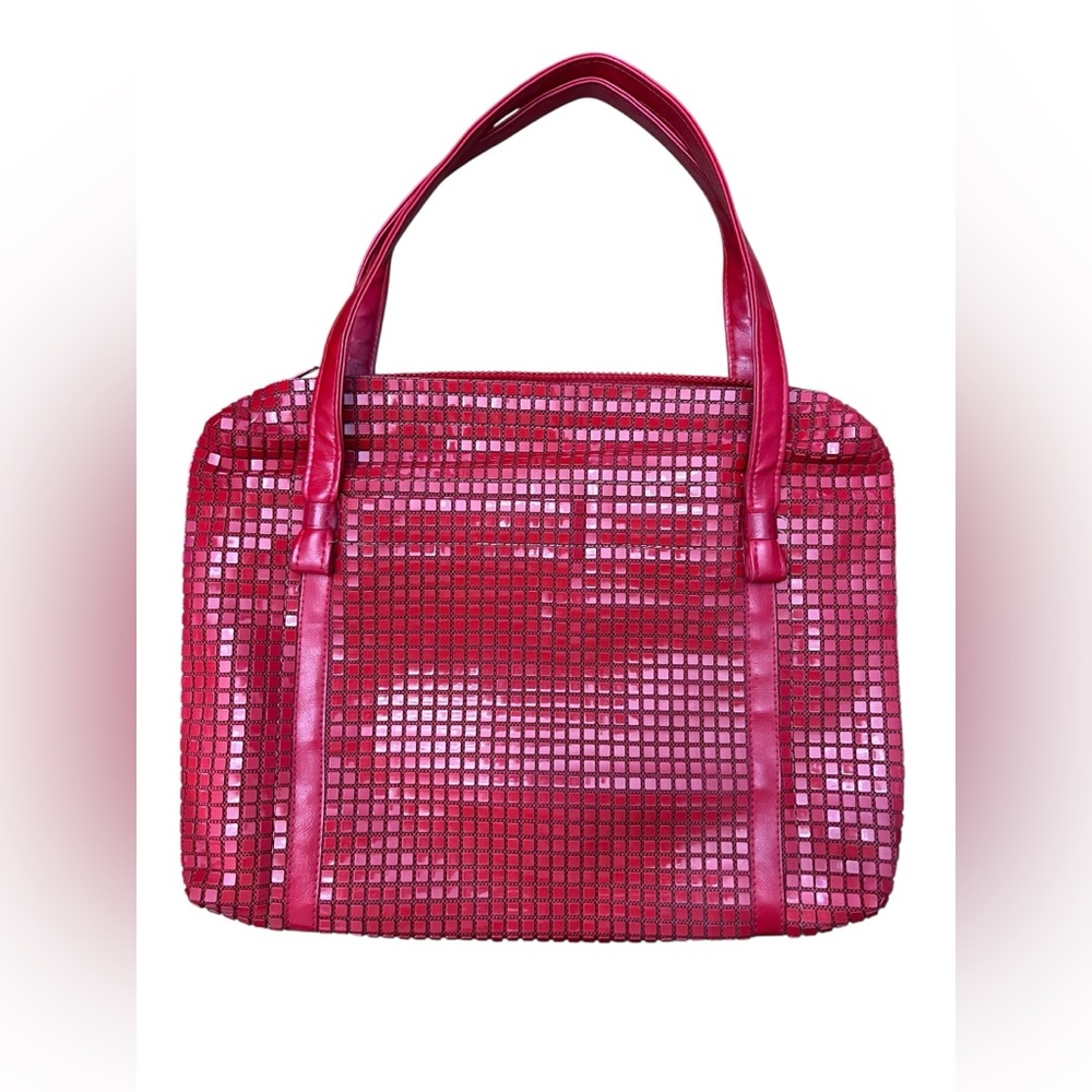 Vintage Lumured Red Mosaic Handbag – USA Made – Double Handle Purse 60s mod